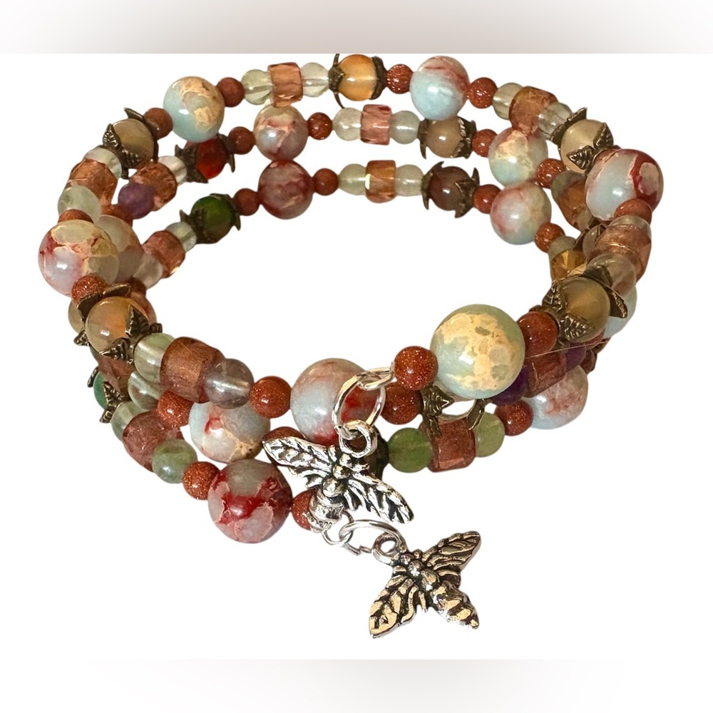 Imperial Jasper, Czech Glass, Goldstone and Peacock Agate Wrap Bracelet - Picture 2 of 5
